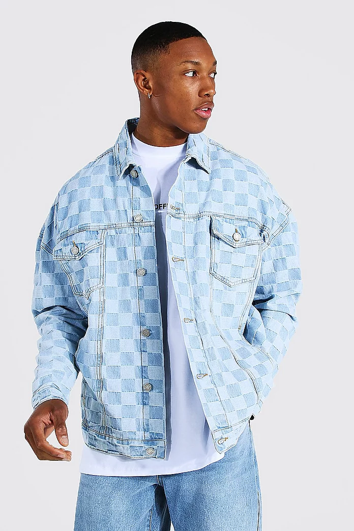 Oversized Checkerboard Denim Jacket | boohooMAN USA Oversized Checkerboard Denim Jacket | boohooMAN USA